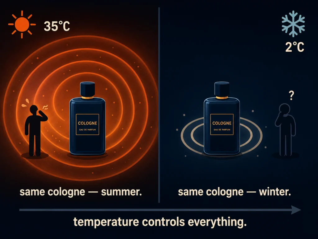 Flat split illustration showing the same cologne bottle producing an aggressive oversized scent cloud in summer heat versus a compressed tight scent cloud in winter cold, with temperature indicators and projection radius labels, dark navy background, Kurzgesagt style