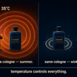 Flat split illustration showing the same cologne bottle producing an aggressive oversized scent cloud in summer heat versus a compressed tight scent cloud in winter cold, with temperature indicators and projection radius labels, dark navy background, Kurzgesagt style