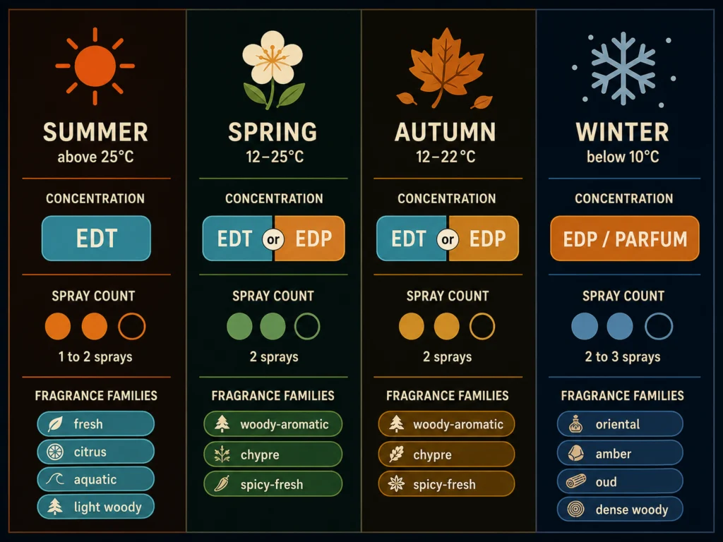 Flat four-season matrix showing recommended cologne concentration type and spray count for summer, spring, autumn, and winter conditions, with temperature ranges and fragrance family guidance, dark background, Kurzgesagt style