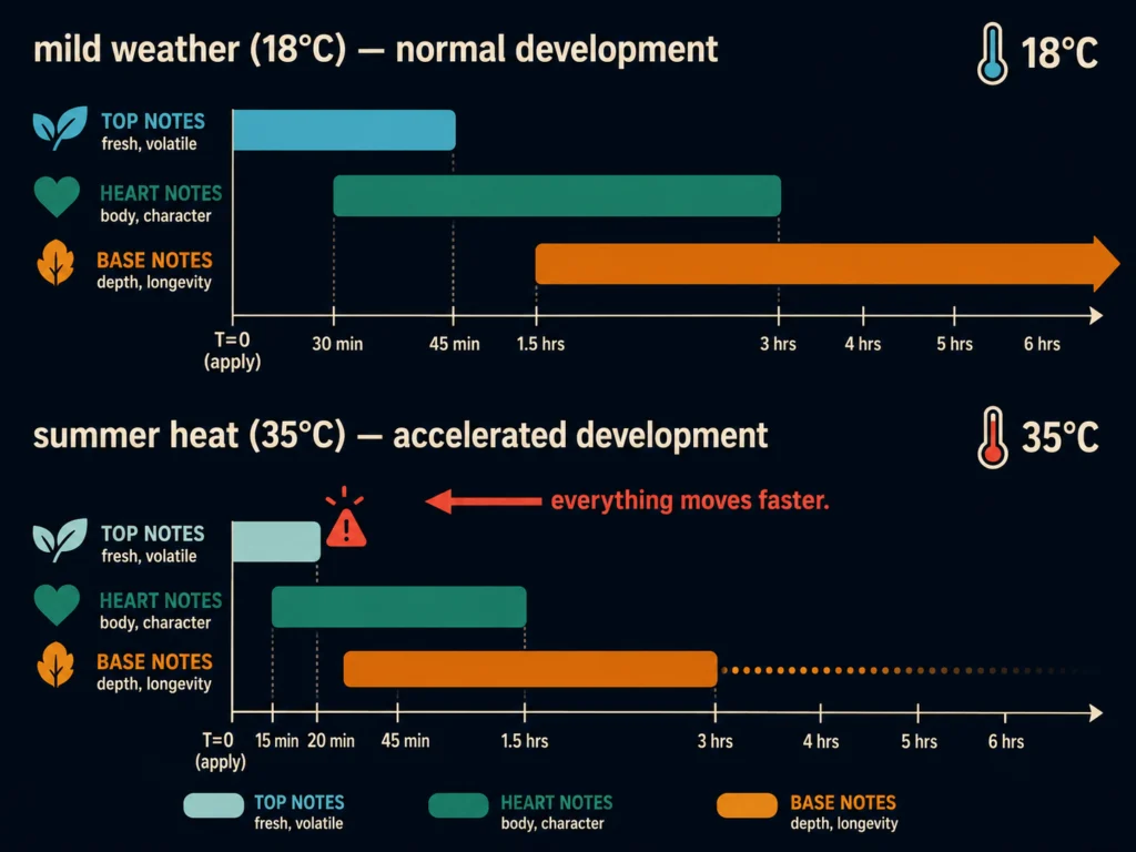 Flat timeline comparison showing normal fragrance note development versus accelerated summer development, with top notes disappearing faster and base notes arriving earlier in hot weather, dark background, Kurzgesagt style