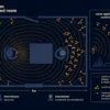 Flat illustration of a small interview room with two seated silhouettes facing each other across a table, fragrance molecules visually concentrating in the enclosed space and being trapped by the room walls, dark navy background, Kurzgesagt style
