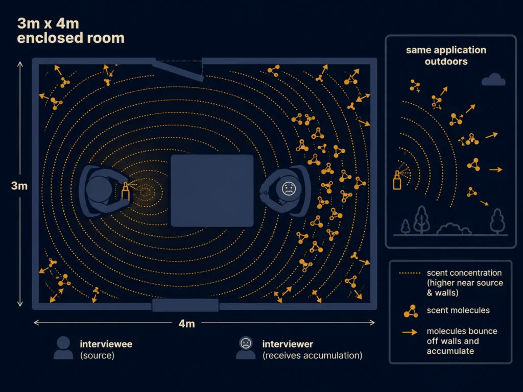 Flat illustration of a small interview room with two seated silhouettes facing each other across a table, fragrance molecules visually concentrating in the enclosed space and being trapped by the room walls, dark navy background, Kurzgesagt style