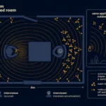 Flat illustration of a small interview room with two seated silhouettes facing each other across a table, fragrance molecules visually concentrating in the enclosed space and being trapped by the room walls, dark navy background, Kurzgesagt style