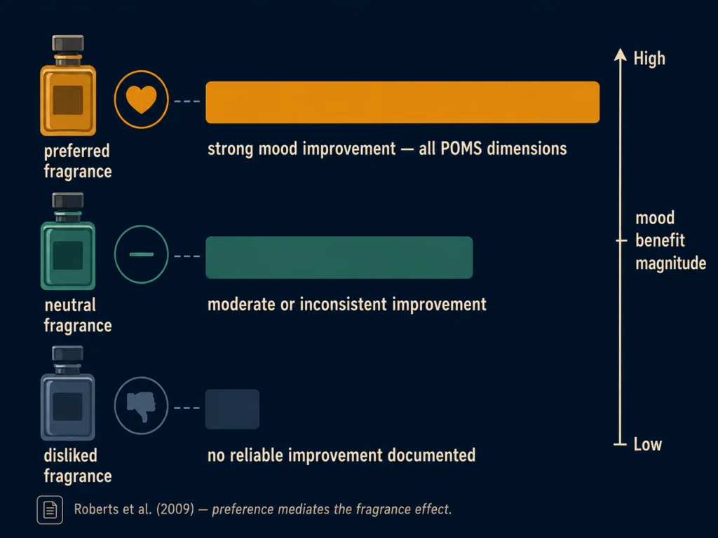 Flat diagram showing three cologne preference levels — preferred, neutral, and disliked — with corresponding mood improvement outcomes measured on a bar scale, illustrating that fragrance preference directly affects the magnitude of mood benefit, dark background, Kurzgesagt style