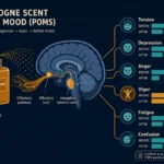 Flat illustration showing a cologne bottle connected by olfactory pathways to a brain with six mood dimension indicators: tension, depression, anger, vigor, fatigue, and confusion, all shown improving, dark navy background, Kurzgesagt style