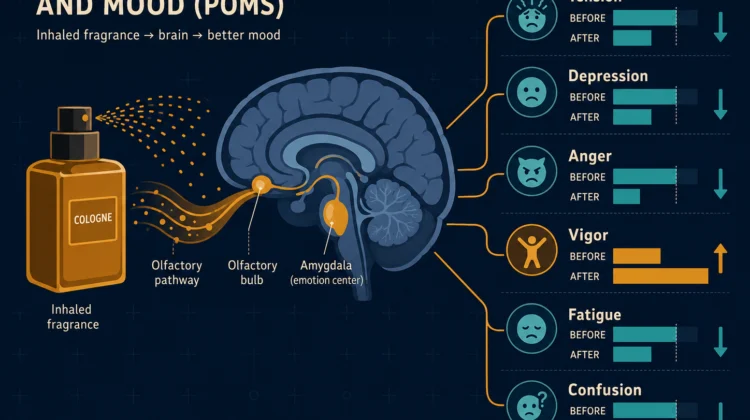 Flat illustration showing a cologne bottle connected by olfactory pathways to a brain with six mood dimension indicators: tension, depression, anger, vigor, fatigue, and confusion, all shown improving, dark navy background, Kurzgesagt style